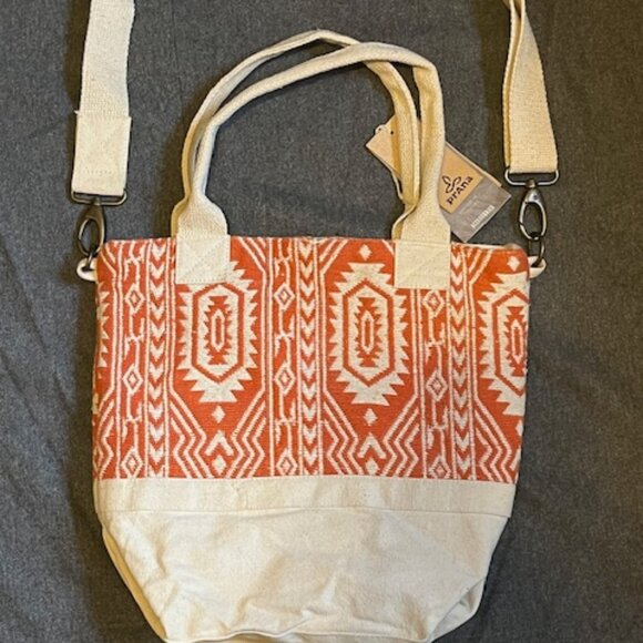 Prana Soleil Satchel Orange Cream Cotton Canvas Crossbody Tote Bag - Picture 11 of 12